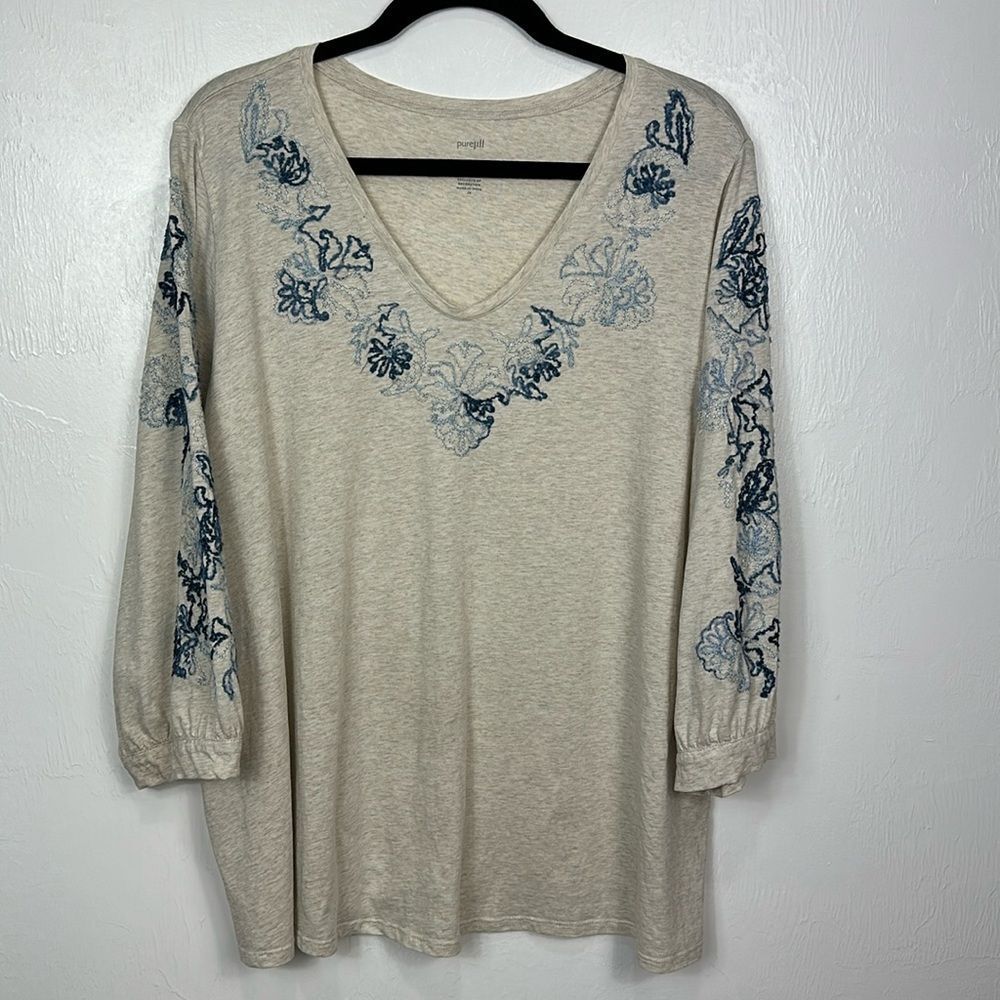 J. Jill Pure Jill Embroidered Jersey Top In Oatmeal Heather - Size 2X